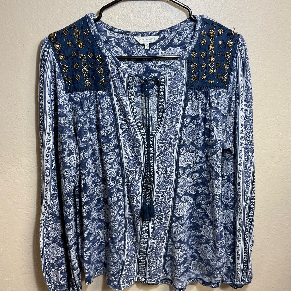 Lucky Brand Blue and Gold Patterned Blouse long sleeve tie neckline